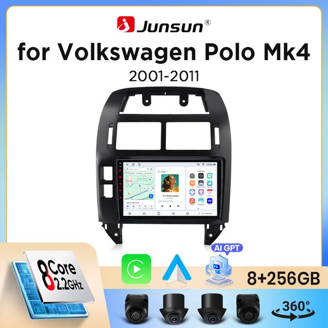 Junsun Wireless CarPlay und Android Auto Autoradio für Volkswagen Polo Mk4 Typ 9N/9N3 (2001-2009) mit GPS Navigation, WiFi, Bluetooth, DSP und IPS Display in Schwarz - Bild 1