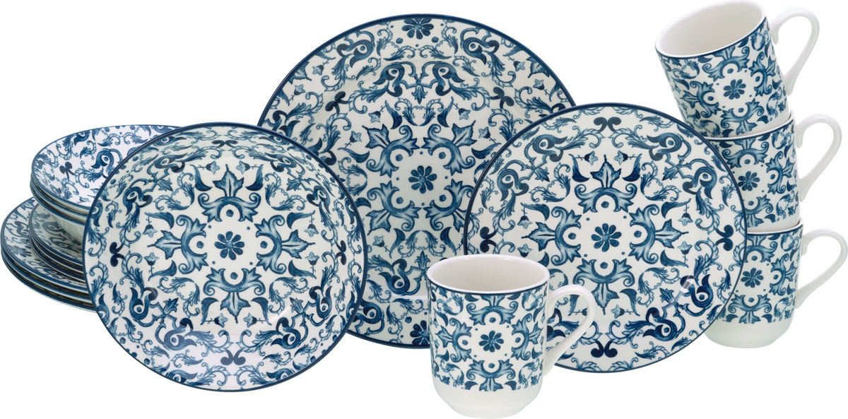 CreaTable Kombiservice Fresco Blau 16-tlg aus Steingut mit Ornamentmotiv im mediterranen Design - Bild 1
