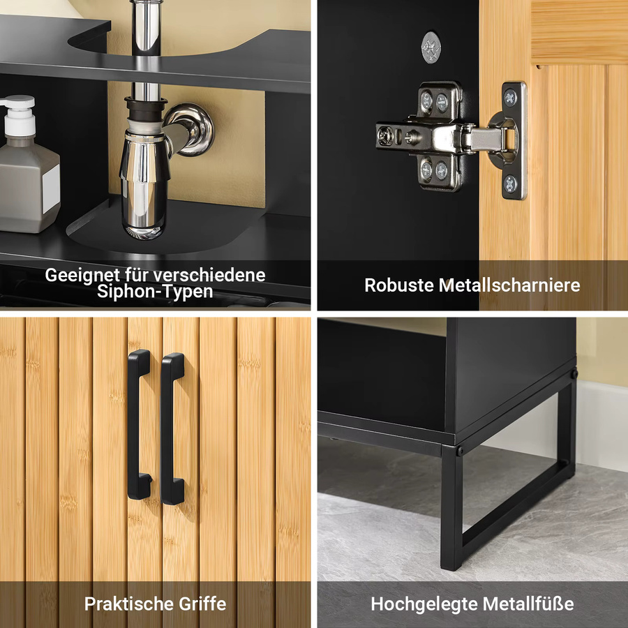 SoBuy Waschbeckenunterschrank BZR202-SCH mit Bambus Tür und Metallfüßen in Schwarz, Breite: 60 cm, Tiefe: 30 cm, Höhe: 70 cm - Bild 6