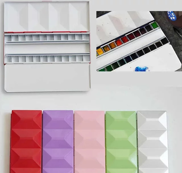 Tragbare 24-Gitter-Emaille-Box für Aquarellfarben in Rot als leere Palette für Künstler - Bild 1