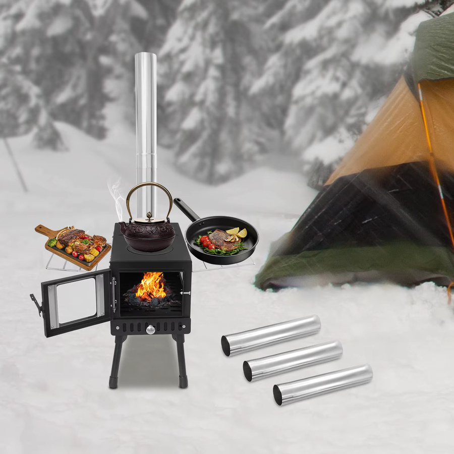 Bymaocar Tragbarer Camping-Zeltofen aus Edelstahl mit Kaminrohren für Outdoor-Heizung und Kochen, Schwarz/Silber, B/T/H: 53,0 x 40,0 x 34,5 cm - Bild 4