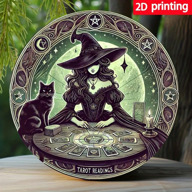 HELLOYOUNG Vintage Wanddeko aus Metall mit Tarot-Motiv, Hexen und Katzen, Rund, Durchmesser: 20 cm, Mehrfarbig - Bild 1