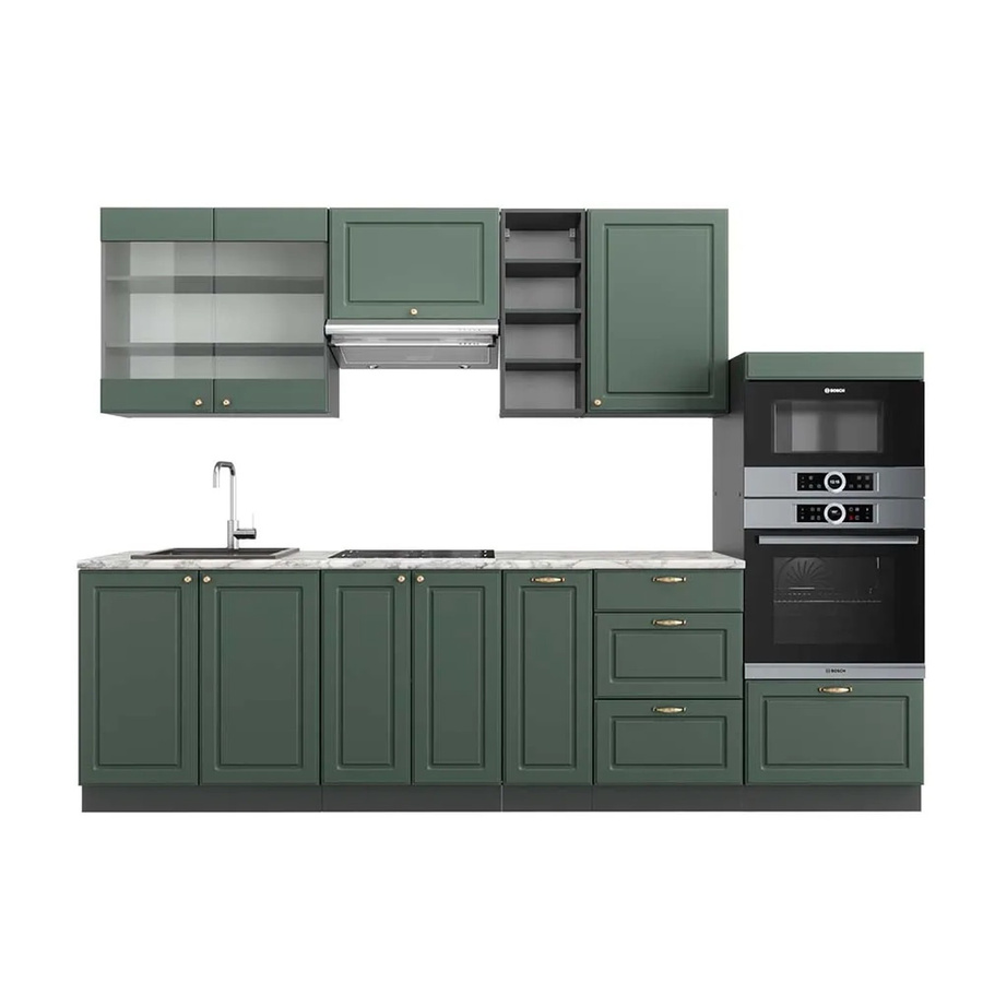 Vicco Fame-Line Küchenzeile Landhausstil in Grün, Gold und Anthrazit mit Marmor-Optik, Breite: 280 cm - Bild 2