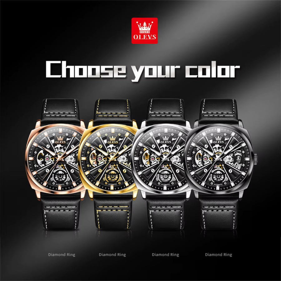 OLEVS Armbanduhr, Automatik, Leder, Schwarz, Gold, Bicolor, Herren - Bild 6
