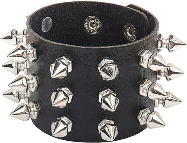 Armband, schwarzes Leder, Metall-Nieten, Edelstahl, Unisex - Bild 1