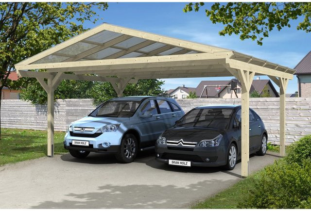 Skan Holz Carport Westerwald Satteldach aus Fichte Leimholz in Beige mit Doppelstegplatten und geraden Kopfbändern B: 570 cm, T: 541 cm, H: 308 cm - Bild 1
