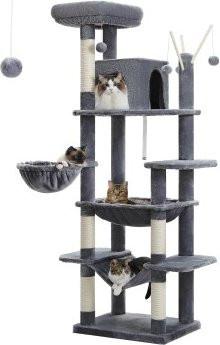 Pawz Road Kratzbaum für Katzen in Grau mit Sisalstamm, Hängematte, Höhle und integriertem Spielzeug, Höhe: 175 cm - Bild 1