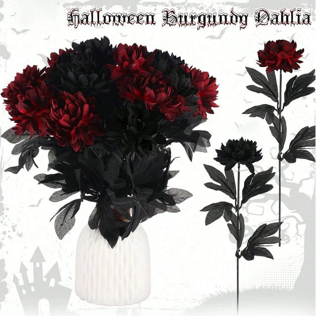 Uflower Künstliche Dahlien Bouquets aus Seide in Schwarz und Rot für Hochzeit, Party und Tischdekoration - Bild 1
