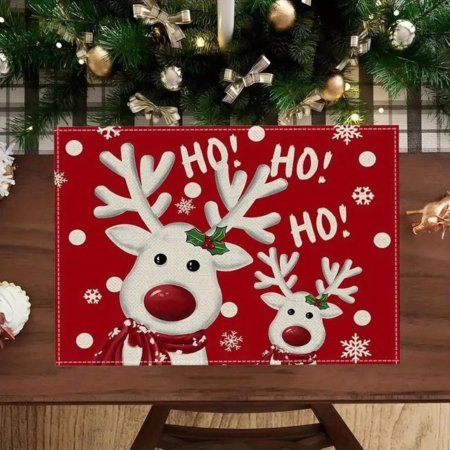 VIKAMA 4er Set Weihnachts-Tischsets mit Rentier-Schneeflocken-Muster in Rot, rechteckig aus PVC - Bild 1