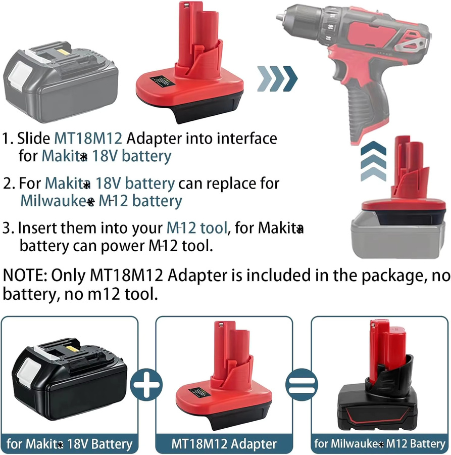 Akku-Adapter MT18M12 von Makita für 18V Li-Ion Akkus BL1850 und BL1860 zu Milwaukee M12 12V Werkzeugen, roter ABS-Konverter - Bild 4