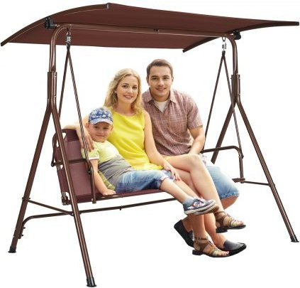 VEVOR 3-Personen-Terrassenschaukel mit verstellbarem Baldachin und Armlehnen, Hollywoodschaukel aus Stahl und Textilene-Stoff für Garten, Balkon und Terrasse, Braun, B/T/H: 155 x 132 x 230 cm - Bild 1