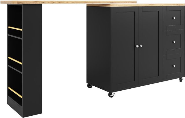 360° drehbare ausziehbare Kücheninsel in Schwarz mit 3 Schubladen, 2 Türen und seitlichem Snackregal, B/T/H: 135-203 x 39 x 106 cm - Bild 1