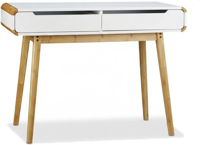 Relaxdays Schreibtisch im nordischen Design aus MDF und Bambus mit 2 Schubladen, Weiß-Natur, B: 100 cm, T: 45 cm, H: 73,5 cm - Bild 1