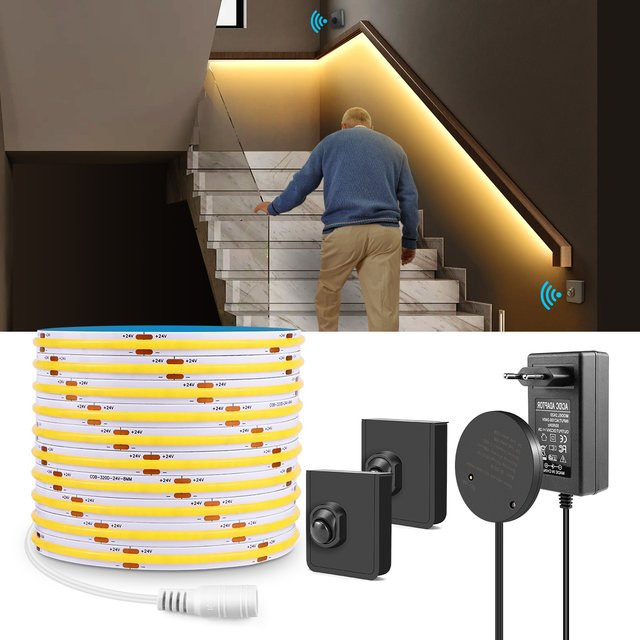 Lcamaw COB LED-Streifen mit PIR-Bewegungssensor und RF-Empfänger, 24V, Warmweiß - Bild 1