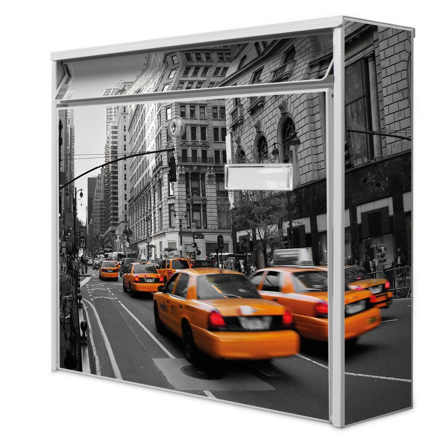 banjado Burg Wächter Wandbriefkasten Modell Mail in Weiß mit New York Taxi Motiv aus verzinktem und lackiertem Stahlblech, B/H/T: 36 x 32 x 10 cm - Bild 1