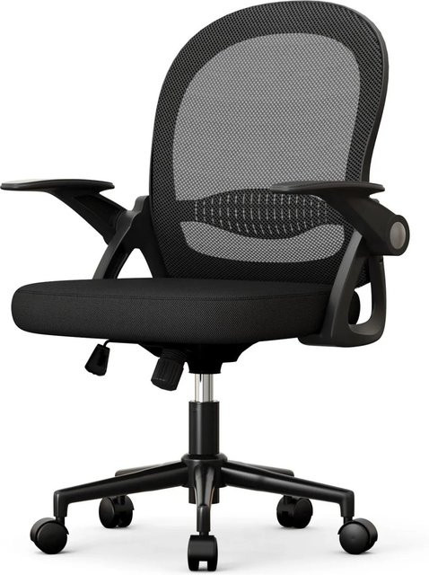 Rattantree Ergonomischer Drehstuhl mit Netzrücken und Klapparmlehnen in Schwarz - Bild 1