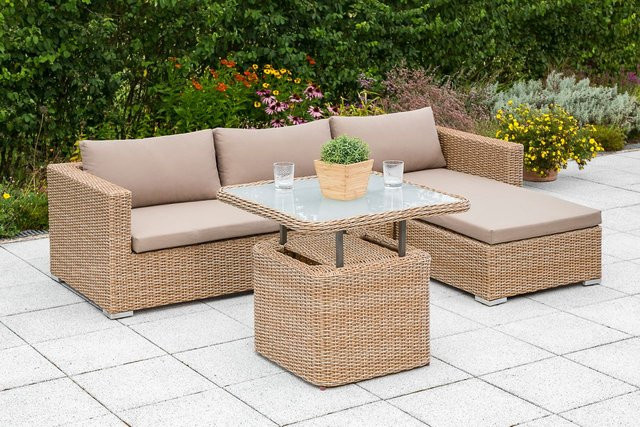 Merxx Veneto Set höhenverstellbarer Tisch in Beige mit Sicherheitsglas und Kunststoffgeflecht - Bild 1