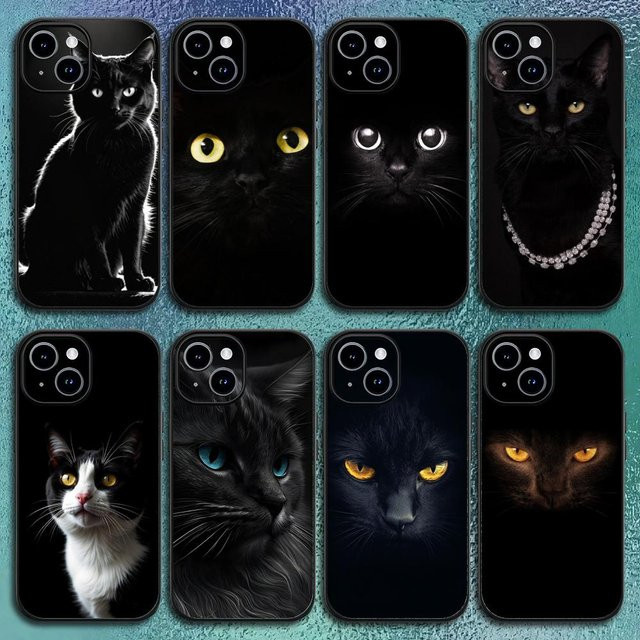 Schwarze Handyhülle mit Katze und Blickfang-Augen für Apple iPhone 11 bis 17 Pro Max Plus Mini, mattiert und weich - Bild 1