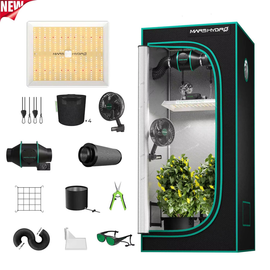 Mars Hydro Grow Tent Kit Growbox Set mit Vollspektrum-LED, Klemmventilator, Belüftungssystem und Aktivkohlefilter in Schwarz - Bild 2