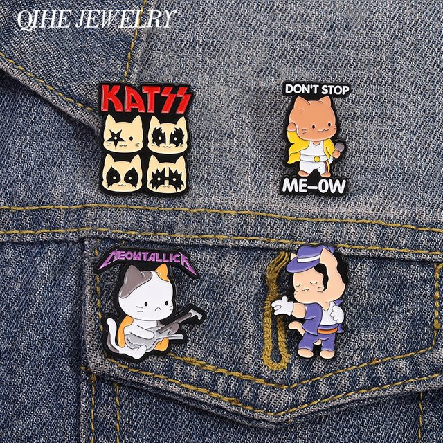 QIHE JEWELRY Broschen, Cartoon Rock Band Katzen, Emaille, Bunt - Bild 1
