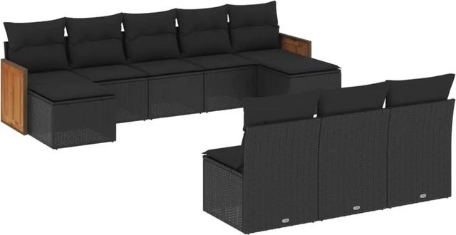 vidaXL 10-tlg Garten-Sofagarnitur aus Polyrattan in Schwarz mit Kissen und Armlehnen - Bild 1