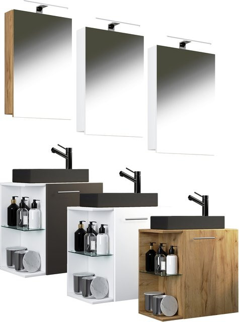 VCM Badezimmer Set Hausa SP-BL 3-teilig in Weiß bestehend aus Waschbecken, Waschbeckenunterschrank und Spiegel für das Gäste WC - Bild 1