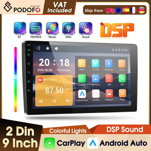 Podofo 2Din Kabelloses CarPlay Autoradio mit 9 Zoll IPS-Bildschirm, MP5 Multimedia-Player, Bluetooth, Android Auto und FM RDS in Schwarz - Bild 1