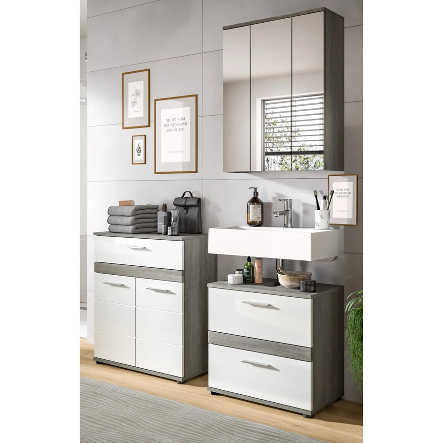 Inn.Furn Badmöbel-Set Bailey 3-teilig in Weiß und Grau Hochglanz mit Spiegelschrank, Kommode und Waschbeckenunterschrank, Breite: 146 cm - Bild 2