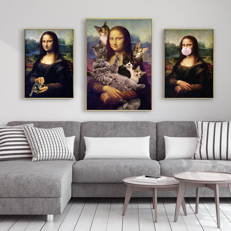 Vintage Mona Lisa mit Katze Leinwandgemälde als Wandkunst für dein Wohnzimmer, B: 50 cm, H: 80 cm - Bild 1