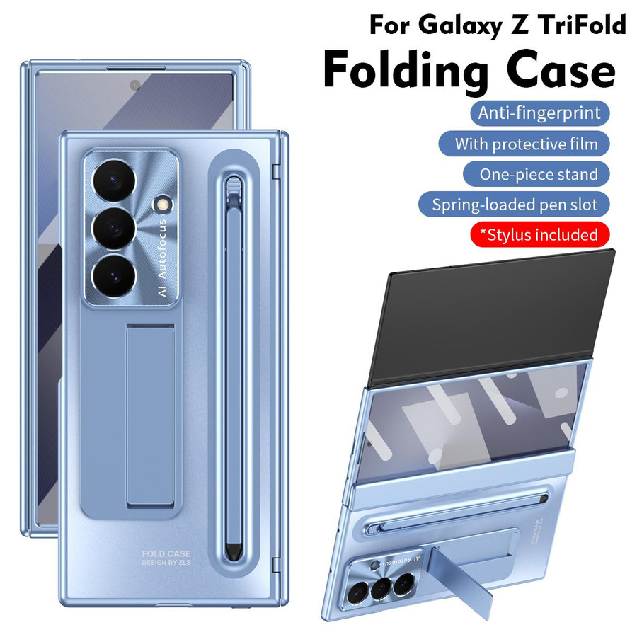 Samsung Galaxy Z TriFold Handyhülle in Blau mit gehärtetem Glas, integriertem Ständer, Stift und Stifthalter - Bild 4