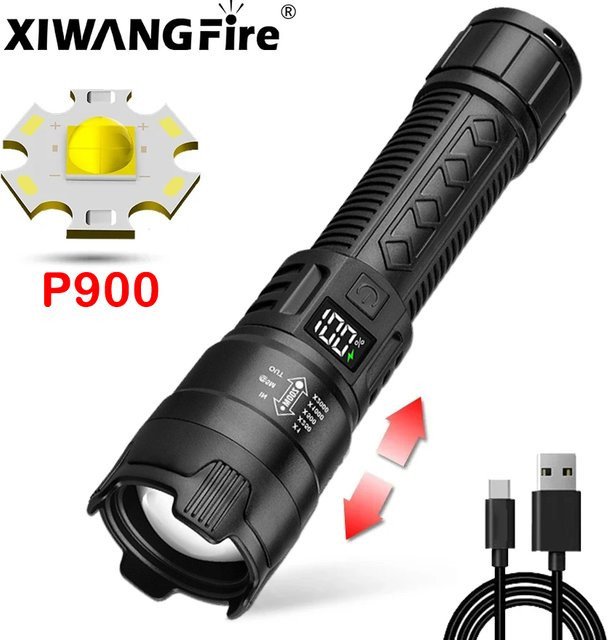 XIWANGFIRE P900 LED-Taschenlampe, taktische USB-Handlaterne mit Zoom, schwarz - Bild 1