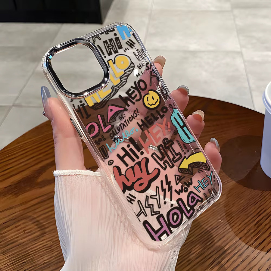 Stoßfeste Silikon Handyhülle mit Cartoon Reise Graffiti Design für Apple iPhone 17 Pro Max, 16, 15, 14, 13, 12, 11 in Silber mit Linsenrahmen - Bild 2