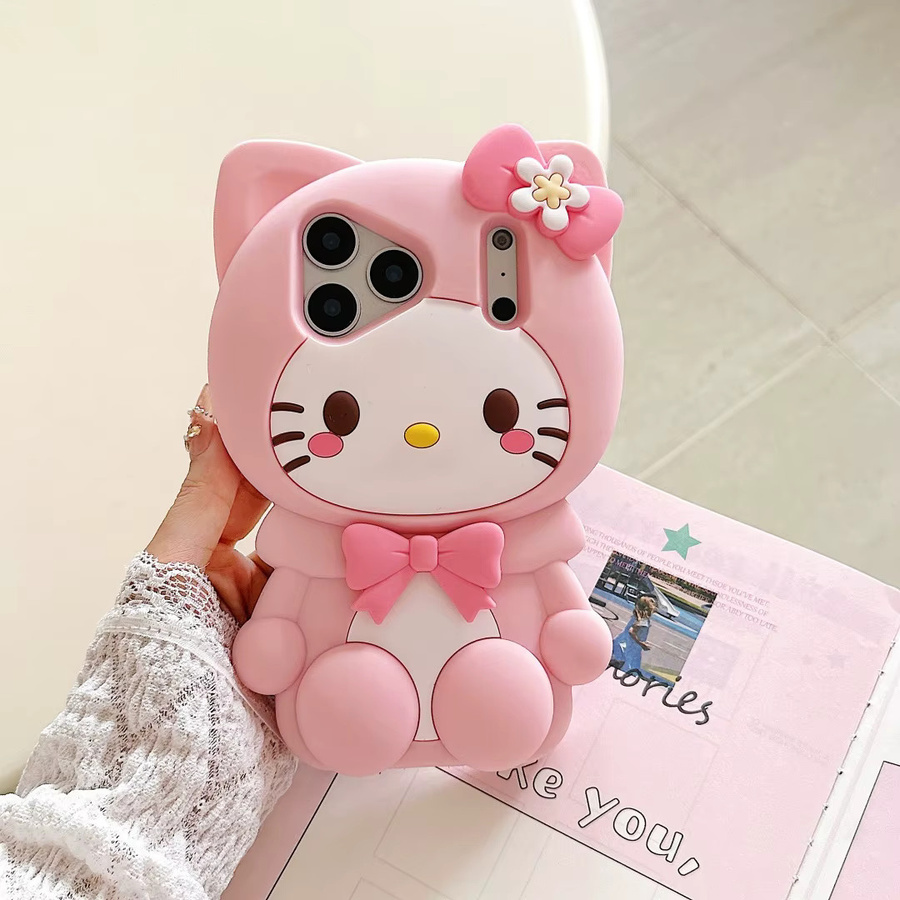 Sanrio Hello Kitty 3D Silikon Soft-Handyhülle mit Schleifenknoten für iPhone 17 Pro Max 16 15 14 13 Plus in Pink und Braun - Bild 2