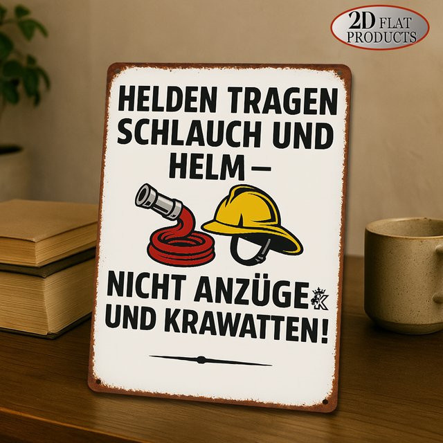 HELLOYOUNG Vintage Metall-Beschilderung mit Feuerwehrhelm und Feuerwehrauto-Design, nostalgische Feuerwache Dekoration für Büro, Werkzeugraum und Garage, B/H: 30 x 20 cm - Bild 1