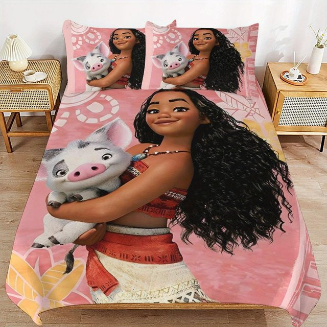 Paslu Moana Prinzessin Anime Bettwäsche-Set aus Polyester in Pink, 3-teilig, B/H: 172 x 218 cm - Bild 1