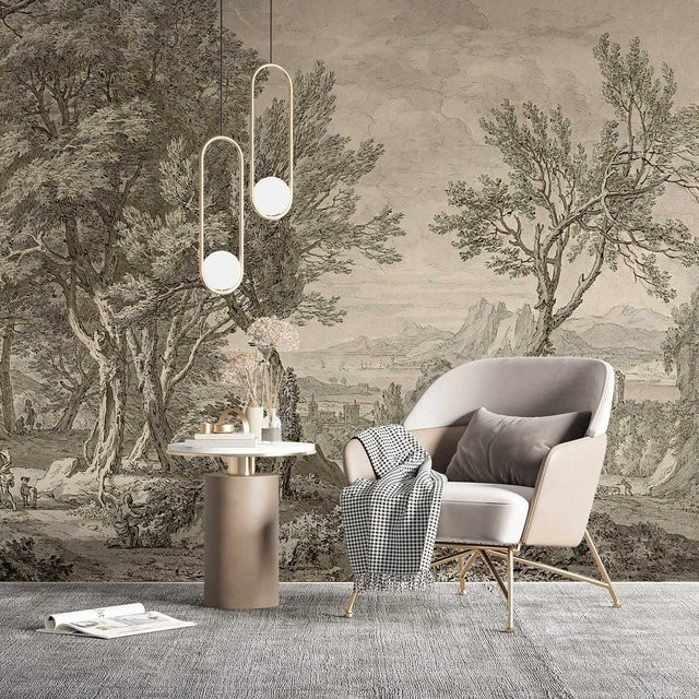 Vintage szenische Tapete von Pixel&Wall als Landschaft Panorama Wandbild mit Bäumen in Schwarz-Weiß-Grau im Bleistift-Stil - Bild 1