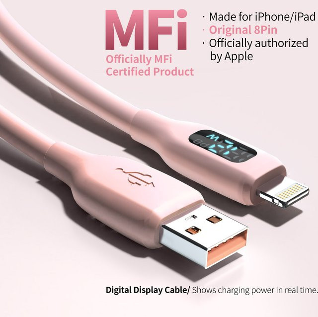 LAIHONEN MFI-zertifiziertes USB-A-auf-Lightning-Lade- und Datenkabel aus weichem Silikon mit LED-Digitalanzeige in Macaron-Pink für iPhone 14-8 Serie - Bild 1