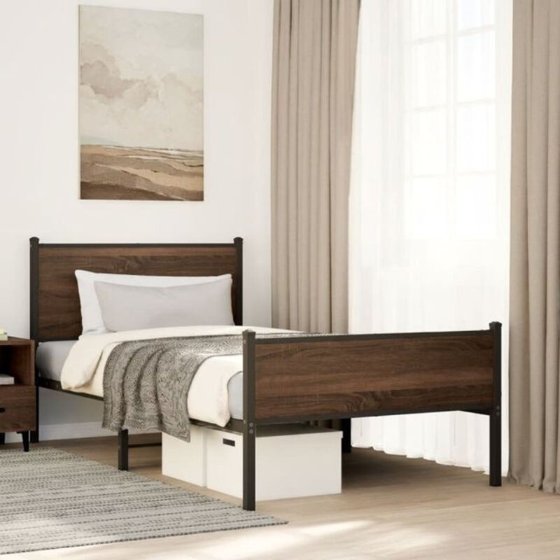 Metallbett von Vidaxl in Eichen-Optik, Design im Industrial-Stil, B/T/H: 100 x 190 cm - Bild 1