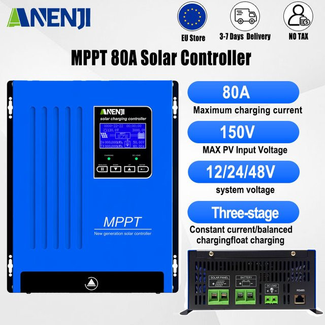 ANENJI 80A Solar-Laderegler für 12V 24V 48V Blei-Säure- und Lithium-Batterien in Blau - Bild 1