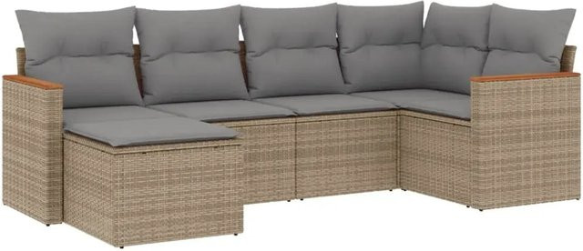 vidaXL 6-teilige Garten-Sofagarnitur in L-Form aus beige farbenem Poly-Rattan mit Kissen und pulverbeschichtetem Stahlgestell - Bild 1