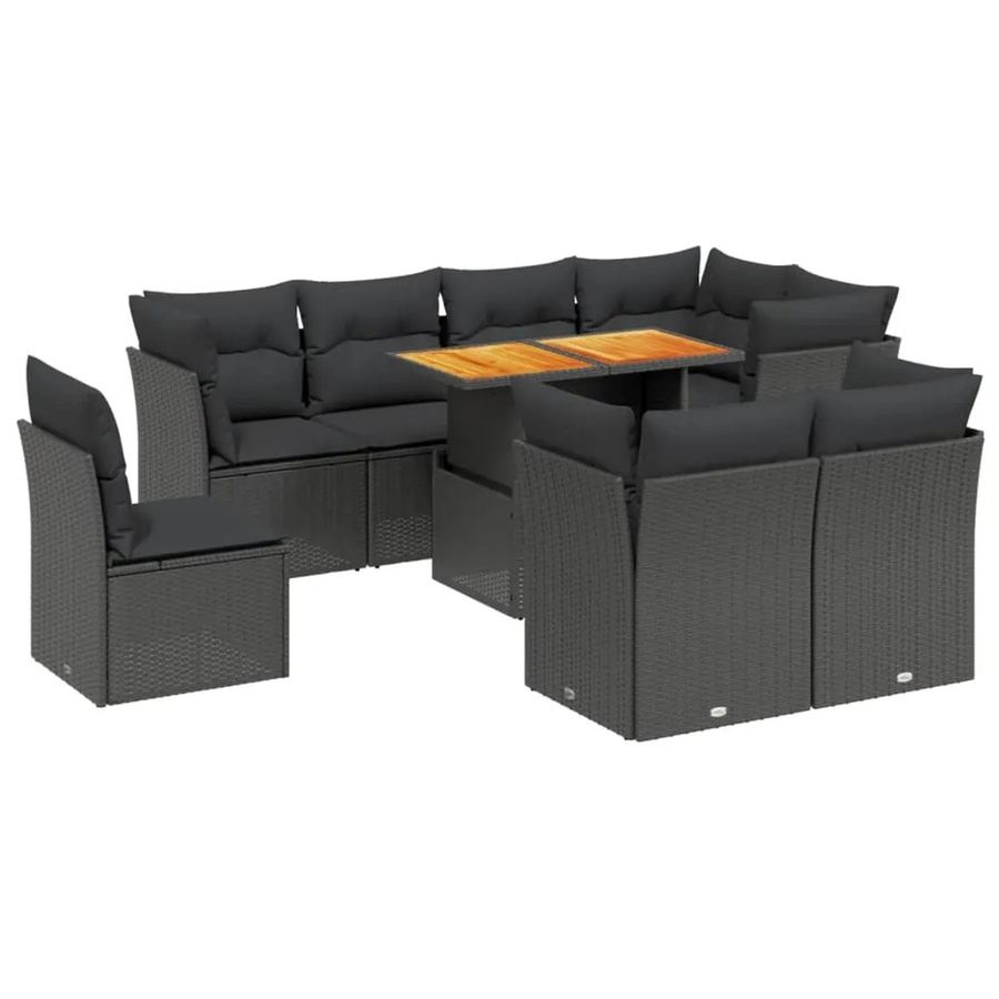 vidaXL 9-teilige Garten-Sofagarnitur aus Polyrattan in Schwarz mit Kissen und Akazienholz-Tisch - Bild 2