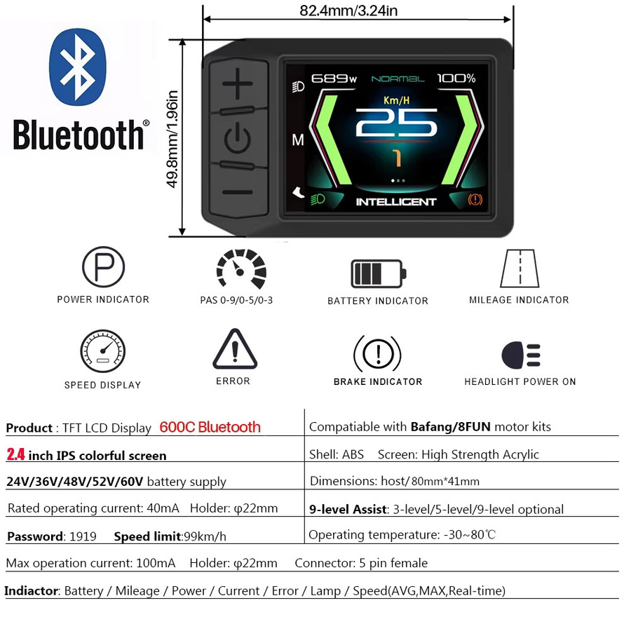 Bafang LCD 600C Display mit Bluetooth und UART-Protokoll für BBS0102 und BBSHD Mittelmotoren, Schwarz - Bild 3