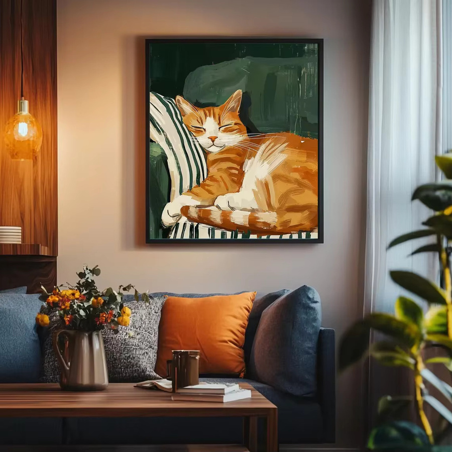 Minimalistischer Wanddruck SHENCHEN Schlafende Katze in Dunkelgrün und Multicolour als zeitgenössische Kunst für dein Wohnzimmer - Bild 3