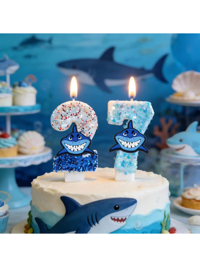 Potdemiel Hai-Zahlenkerzen in Blau für Geburtstag und Babyparty als maritime Kuchendekoration - Bild 3