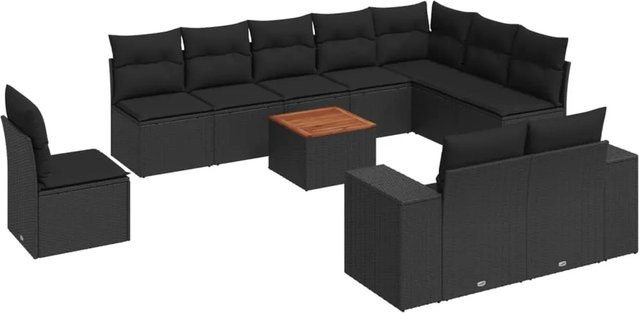 vidaXL 11-tlg Garten-Sofagarnitur in L-Form aus schwarzem Poly-Rattan mit Kissen und pulverbeschichtetem Stahlgestell - Bild 1