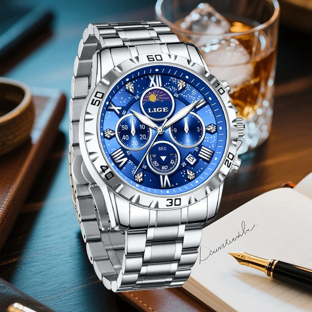 LIGE Chronograph, Quarz, Edelstahl, Blau, Herren - Bild 1