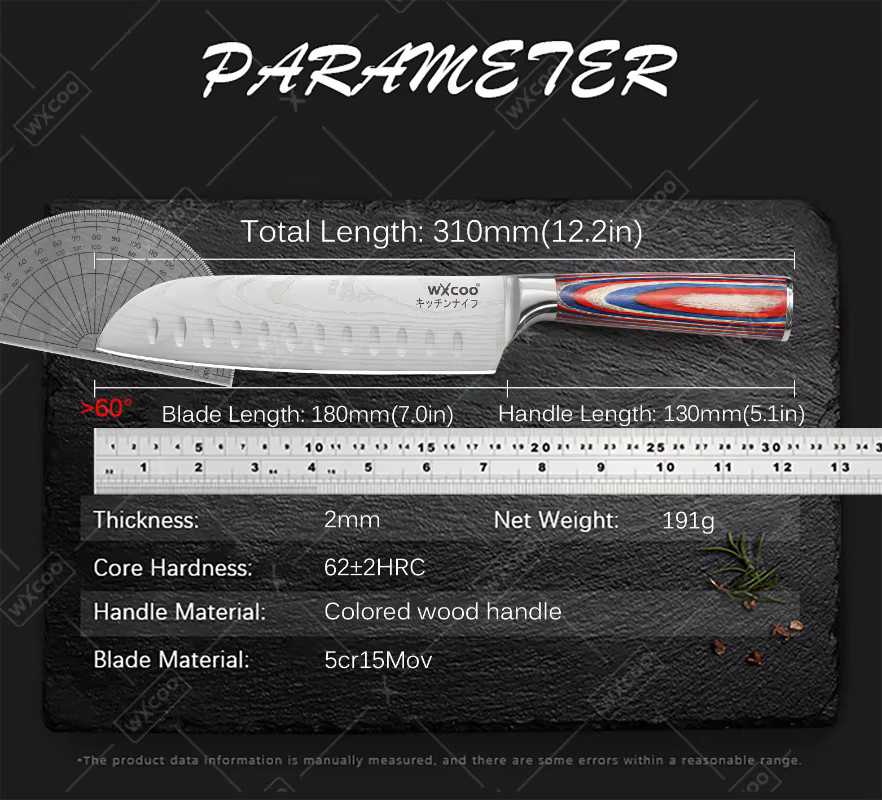 WXCOO Santoku-Messer aus japanischem VG10-Stahl mit Holzgriff, 17,78 cm, Mehrfarbig - Bild 2