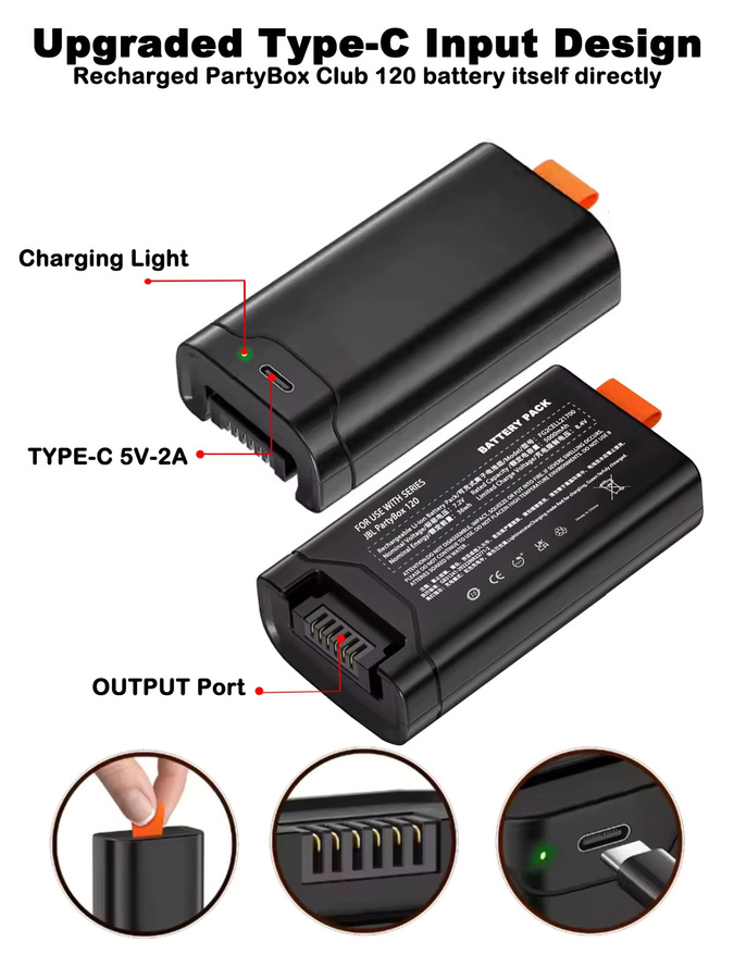 JBL Ersatzakku 7,2V 5000mAh für PartyBox Club 120 Bluetooth-Lautsprecher inklusive Typ-C-Ladegerät, Schwarz - Bild 3