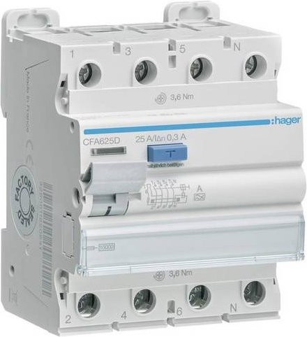 Hager CFA625D FI-Schutzschalter RCD 4polig 25A 0,3A 400V in Blau und Weiß - Bild 1