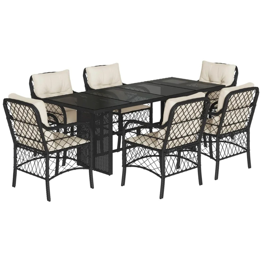 vidaXL 7-teilige Garten-Essgruppe aus Poly Rattan in Schwarz mit Kissen und Hartglasplatte - Bild 2